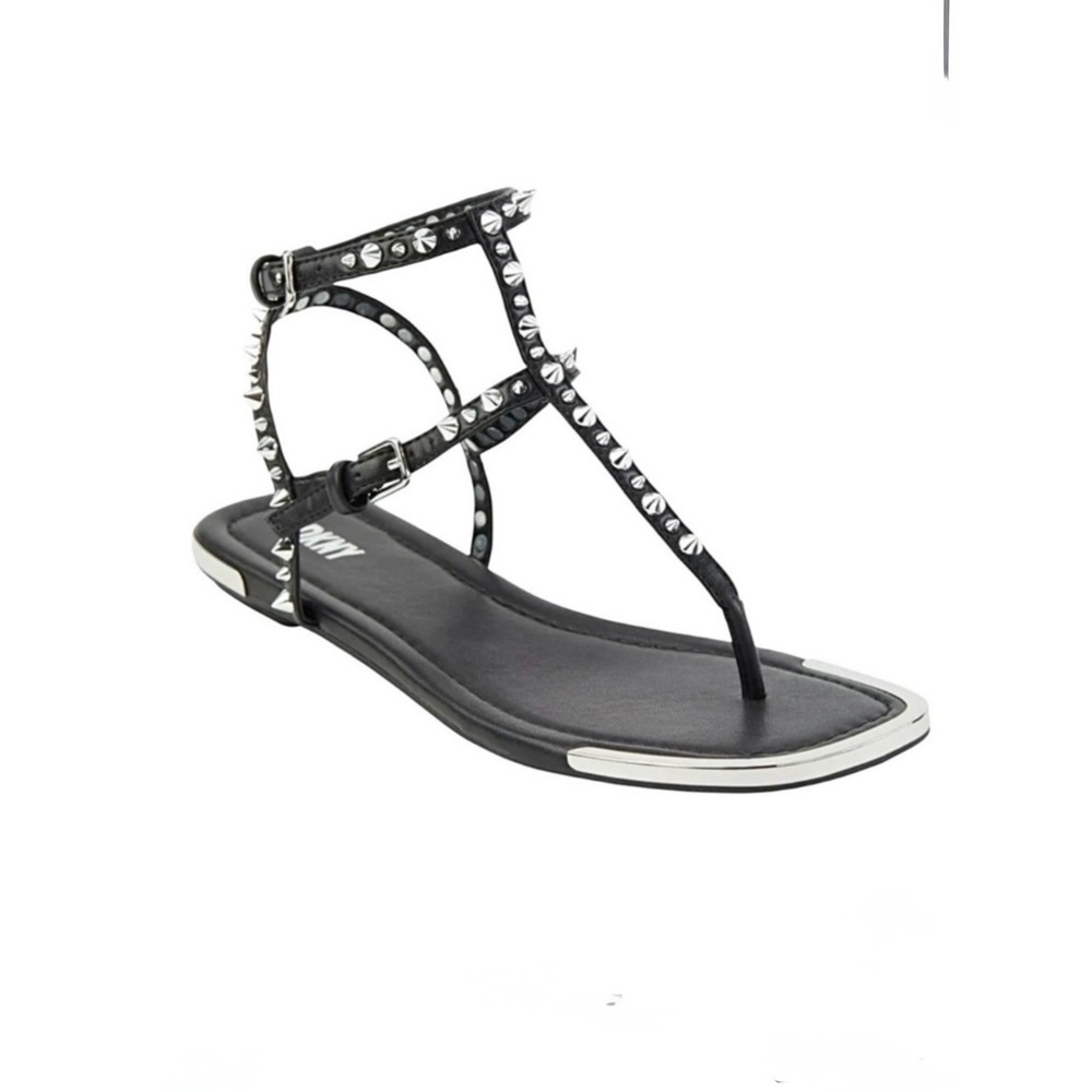 DKNY Hadi Black Studded Spiked Multi Strap Flat Gladiator Sandals Square Toe 6.5